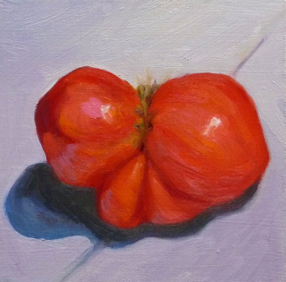 First Tomato, oil on panel 6x6" (click image to enlarge)