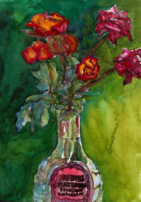 October Roses, Ink & Watercolor 8x6"
