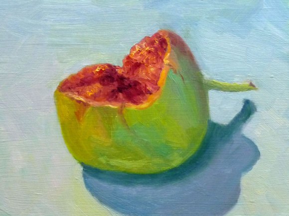 Green Fig Minus One Bite Green Fig, Oil on panel, 8x6"