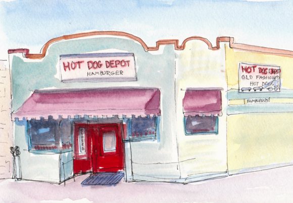 Martinez Hot Dog Depot, Ink & watercolor