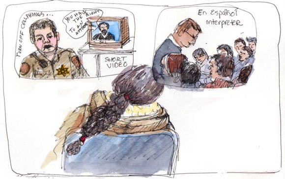 Traffic court video, ink & watercolor in sketchbook