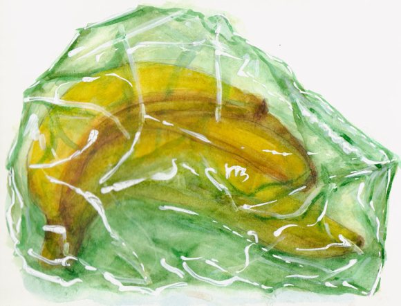 Bananas in a Bag, Watercolor & acrylic on hot press paper, 6x8