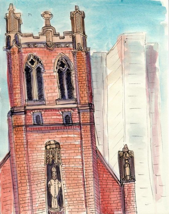 St. Patrick's Church, ink & watercolor 8x6"