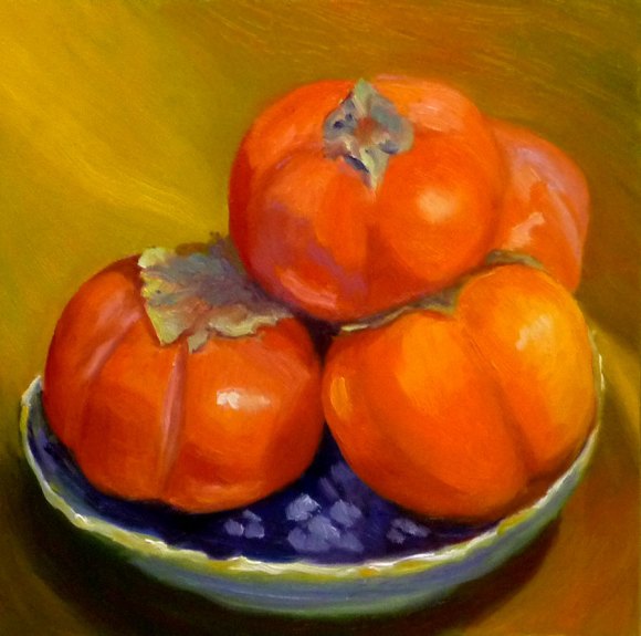 Pile of Persimmons, Oil on Gessobord, 8x8"