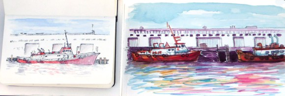 Martha & Jana sketch tugboats, Ink & watercolor