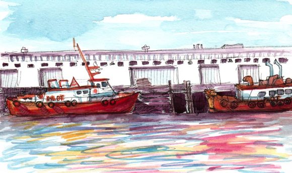 Tugboats, ink & watercolor