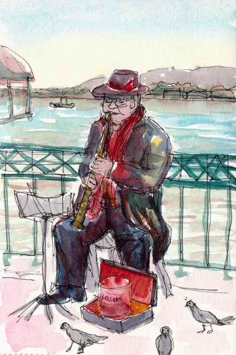 Entertaining the pigeonsClarinet player, iink & watercolor