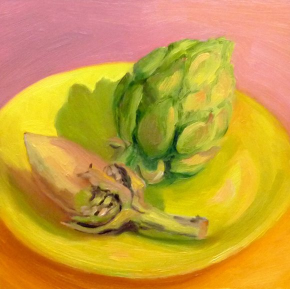 Artichokes, Oil painting on 8x8" Gessobord