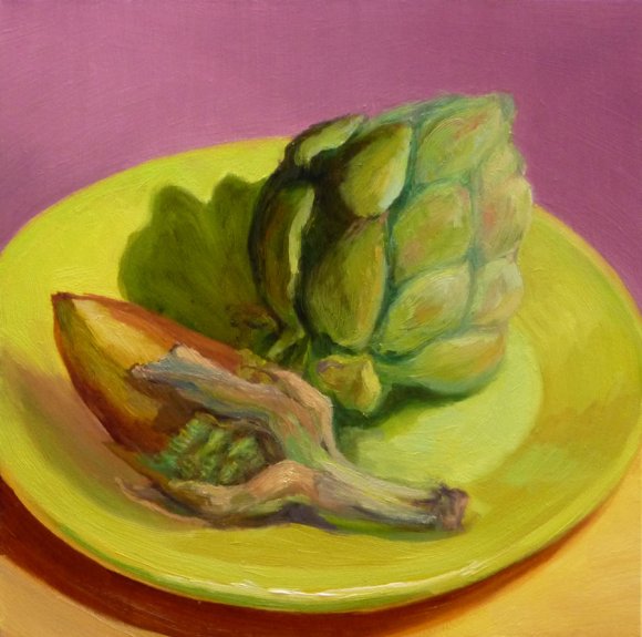 Artichokes Redux, oil on Gessobord, 8x8"