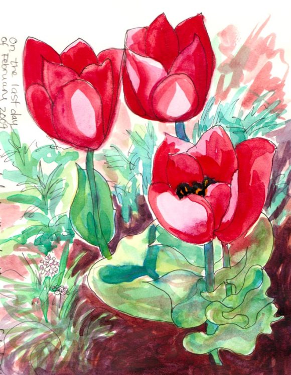 Tulips, Ink & watercolor in sketchbook, 6x8"