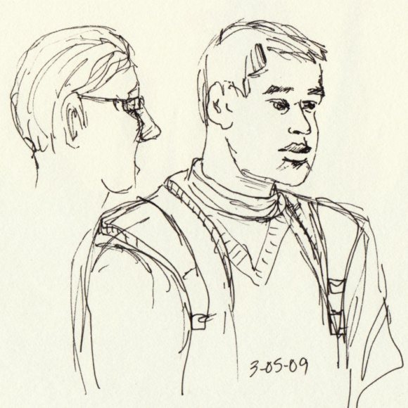 Backpacking on BART, ink in sketchbook