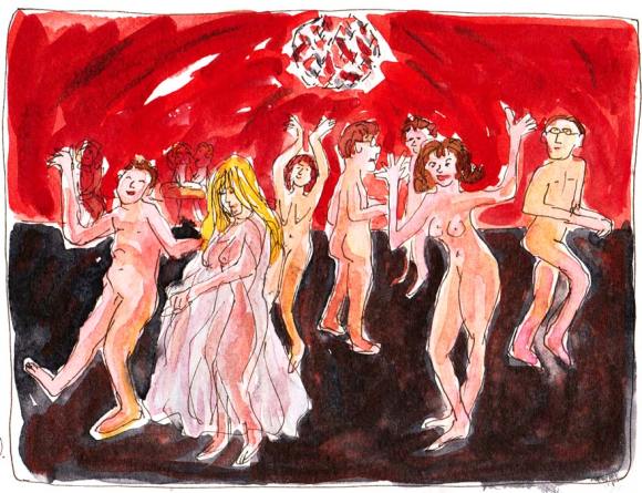 Dancing Nude at the Office Party, Ink & watercolor, Moleskine sketchbook, 5x7"