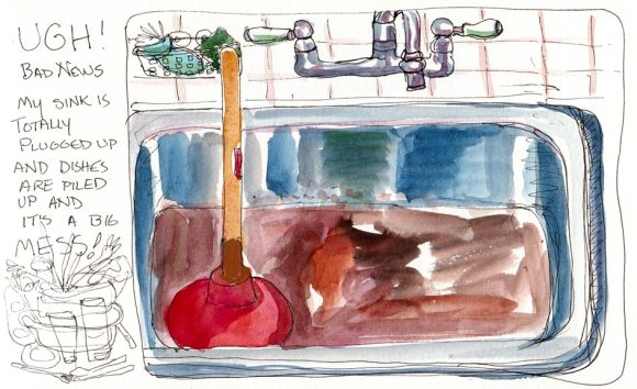Clogged Drain Nightmare, ink & gouache in Moleskine, 5x7"