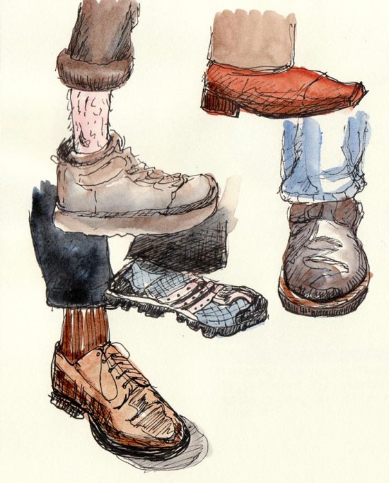 Shoes on subway, ink & watercolor in sketchbook