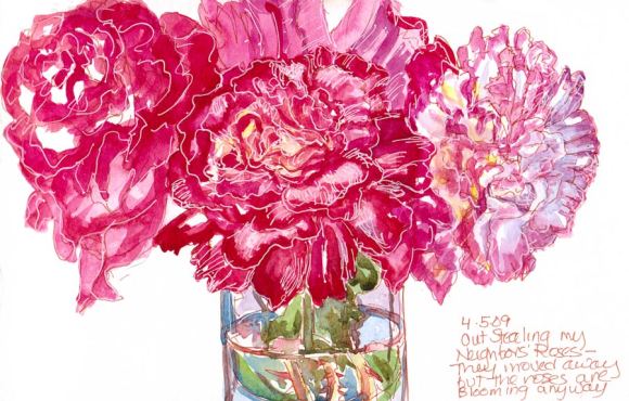 Stolen Roses, Ink & watercolor, in 5x7" wc Moleskine