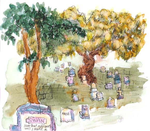 Sunset Cemetery, ink & watercolor