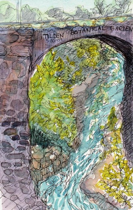 Bridge & Creek, ink & watercolor, 5x7"