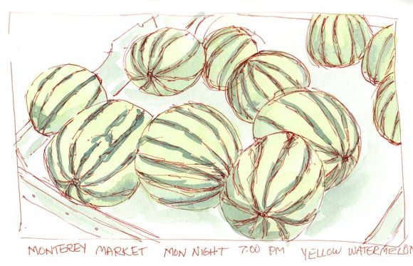 Monterey Market Watermelons, ink & watercolor, 6x9"