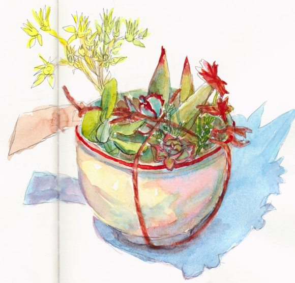 Succulent Garden in a Bowl, watercolor 9x6"