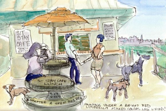 Sit Stay Cafe at Pt. Isabell, ink & watercolor, 6x9"