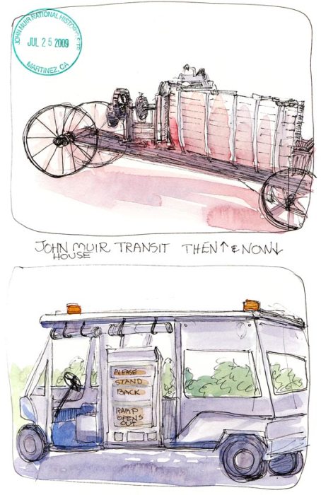 John Muir Transit Then and Now, ink & watercolor