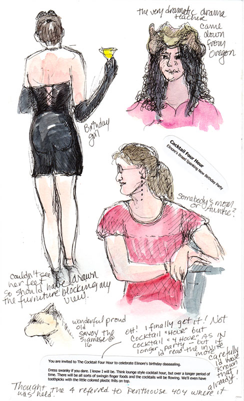 The Party Girl, ink & watercolor in sketchbook