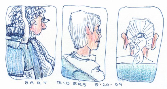 BART riders, cobalt Copic Multiliner and colored pencils