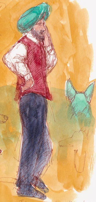 Waiting waiter, ink and gouache