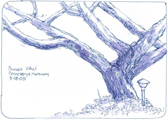 Sunset View Cemetery Tree, Ink & Watercolor