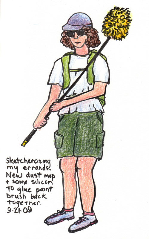 Walking with my dust mop, ink & colored pencil