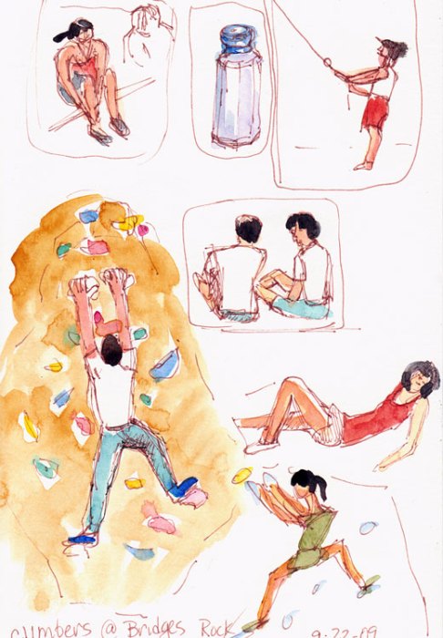 Climbers at Bridges Rock Gym, ink and watercolor Climbers at Bridges Rock Gym, ink and watercolor