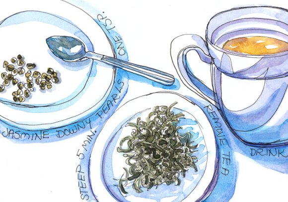 Downy Pearls Jasmine Tea, ink and watercolor