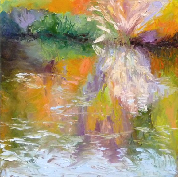 Lake Temescal Reflections, Oil on panel, 8x8"
