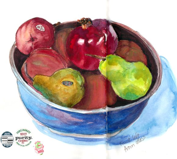 Fruit bowl, ink, watercolor & gouache