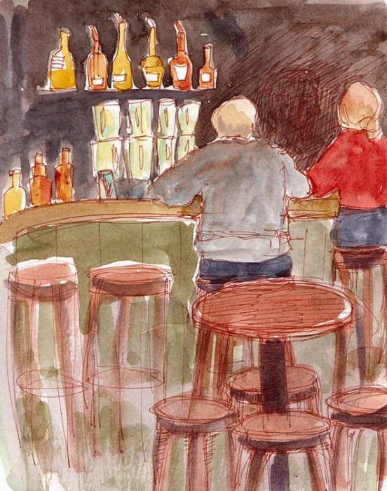 The Bar at Albany Bowl, ink and watercolor