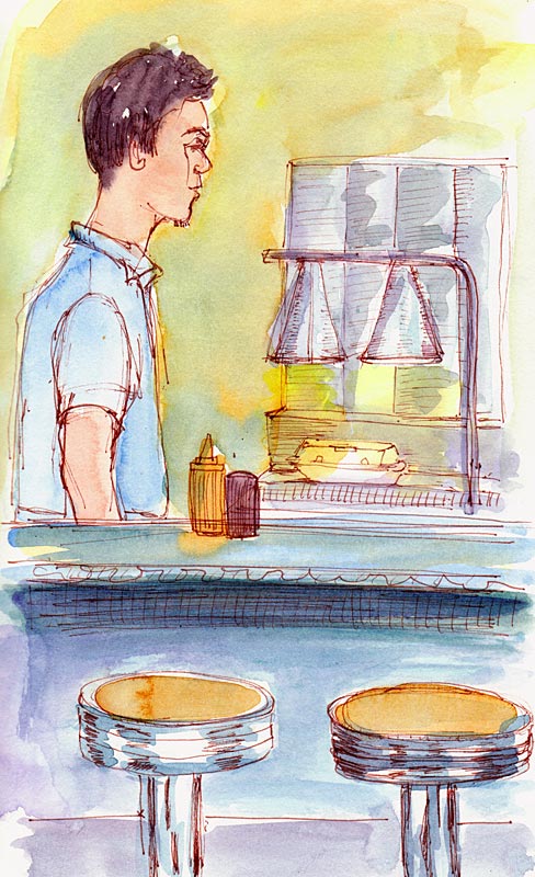 Albany Bowling Alley Cafe, ink & watercolor