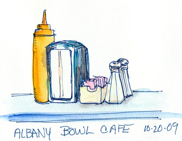Condiments at Albany Bowl Cafe, ink & watercolor