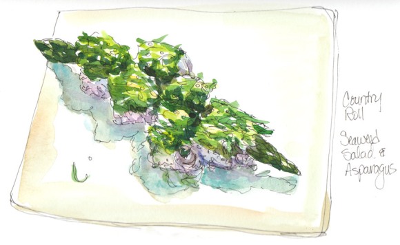 Country Roll Sushi (seaweed salad & asparagus); Ink and watercolor