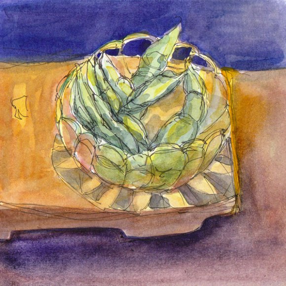 Edamame (soy beans), ink and watercolor