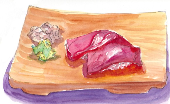 Maguro sushi (tuna), ink and watercolor