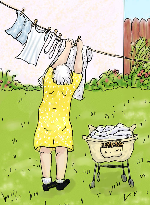 Grandma hanging laundry with her laundry cart, Digital sketch.