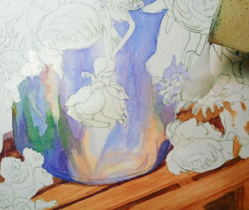 Pitcher painted, removing masking fluid