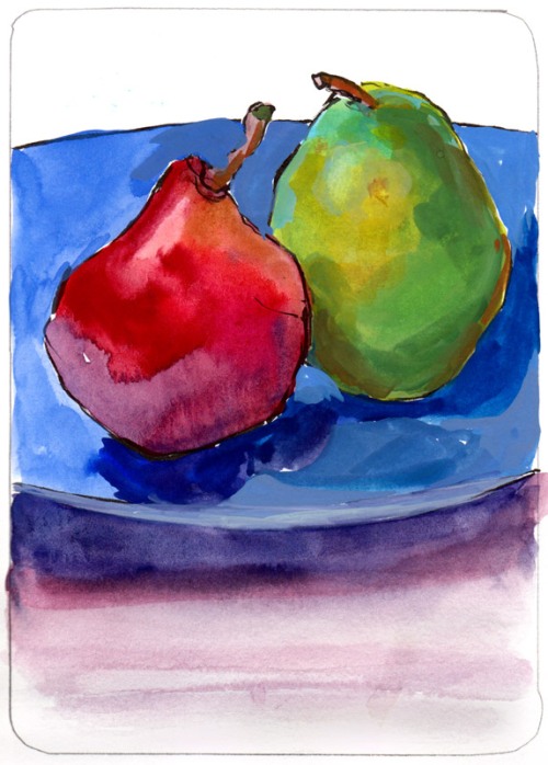 Pears on a Blue Plate, ink and gouache