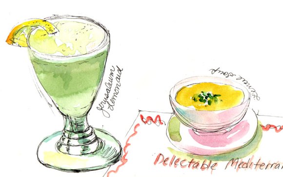 Jerusalem Lemonade and Lentil Soup, ink & watercolor