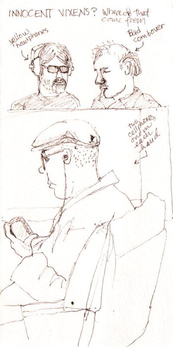 Innocent Vixens(?), BART riders, sepia pen