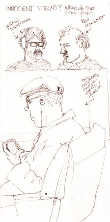 Innocent Vixens(?), BART riders, sepia pen