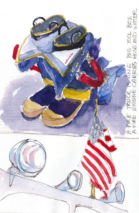 Fire, Flag, Boots Ready, ink & watercolor