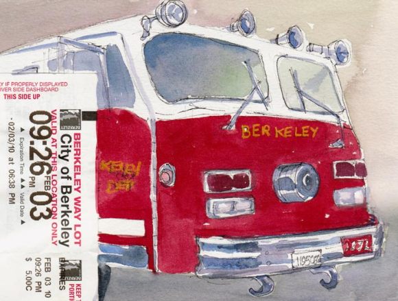 Fire Truck and Parking Receipt, ink & watercolor