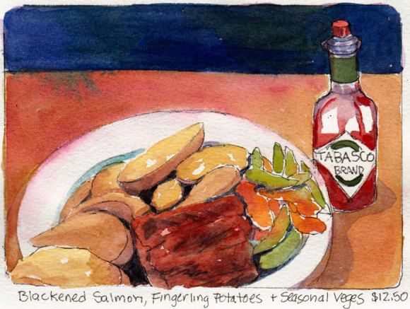 Blackened Salmon at Pyrramid Ale House, Ink & Watercolor