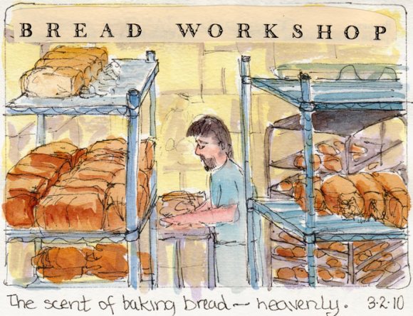 "Packing bread," ink & watercolor & collage